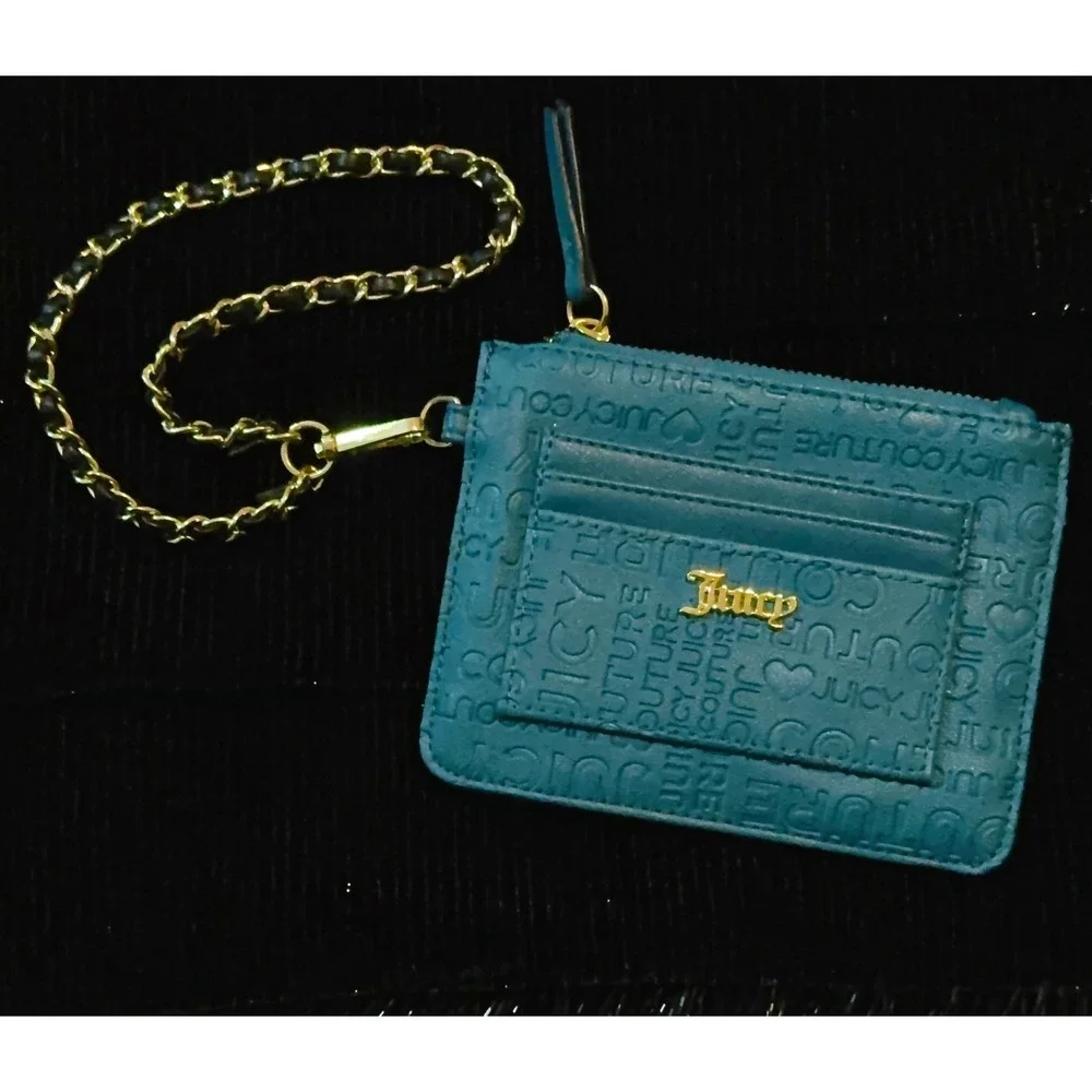 Juicy‎ Couture Card Holder Womens OS Teal Embossed Logo Chain Wristlet